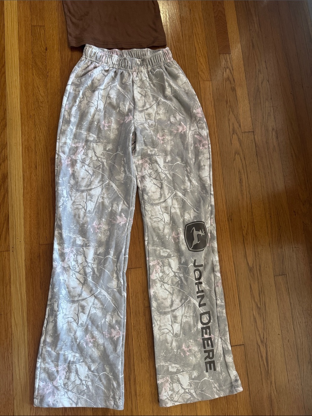 John Deere Light Gray Camo Lounge Pants with Pink Accents and a Brown Top